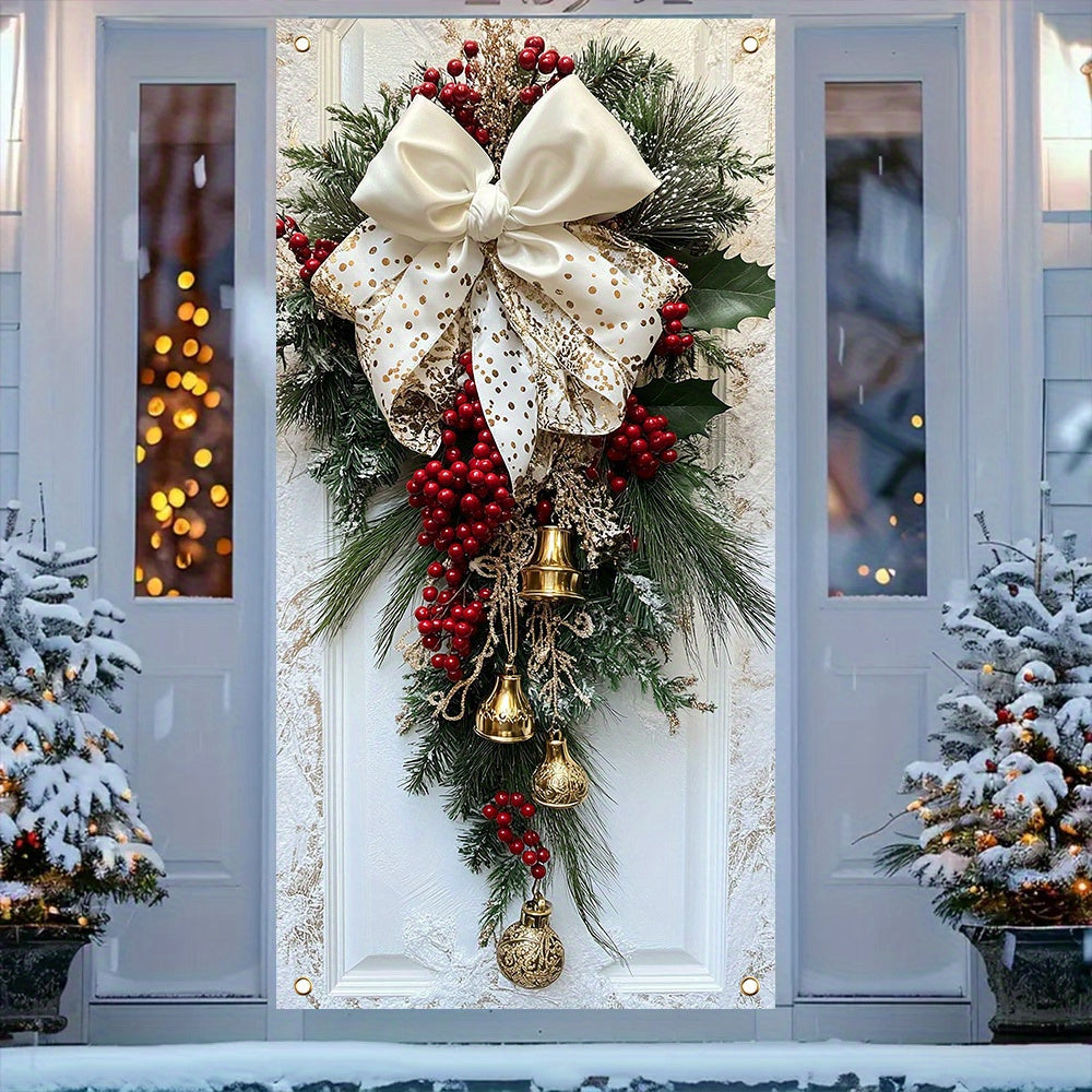 Classic Christmas Door Hanging Decor - Polyester Wreath with Bells, Bow & Flowers - Indoor\u002FOutdoor Holiday Decoration - No Power Needed - 35.4x70.8 Inches