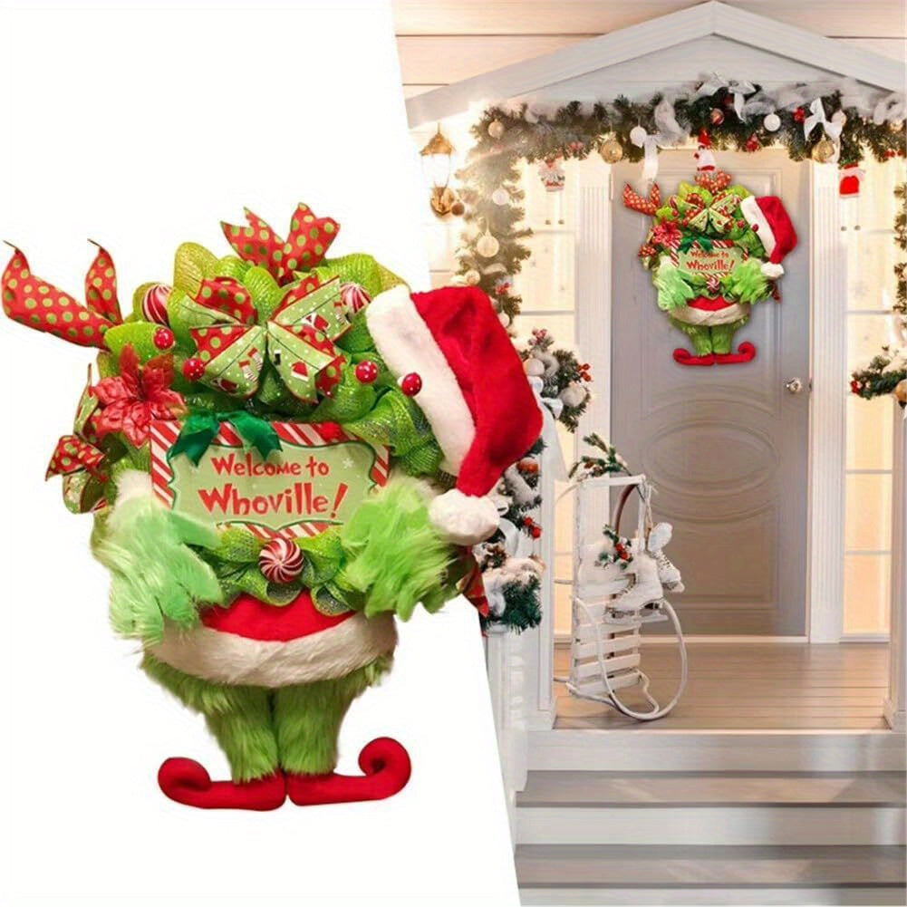 1pc Whoville Handcrafted Christmas Wreath - Door Mount Plastic Green Elf Thief Design with Welcome Sign, Festive Home Decor for Indoor\u002FOutdoor Use, No Electricity or Feathers Required