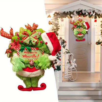 1pc Whoville Handcrafted Christmas Wreath - Door Mount Plastic Green Elf Thief Design with Welcome Sign, Festive Home Decor for Indoor\u002FOutdoor Use, No Electricity or Feathers Required