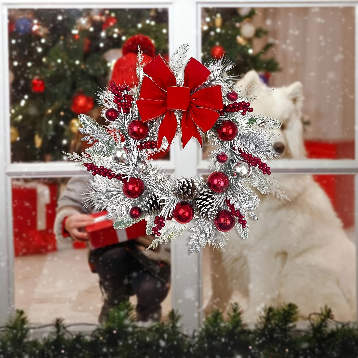 17.7in, Front Door Christmas Wreath Decoration, Handmade Pine Cone Balls With Garland, Red Berry With Bow, Christmas Gift, Reusable, Durable Christmas Wreath For Wall Window, Christmas Decoration, Bedroom