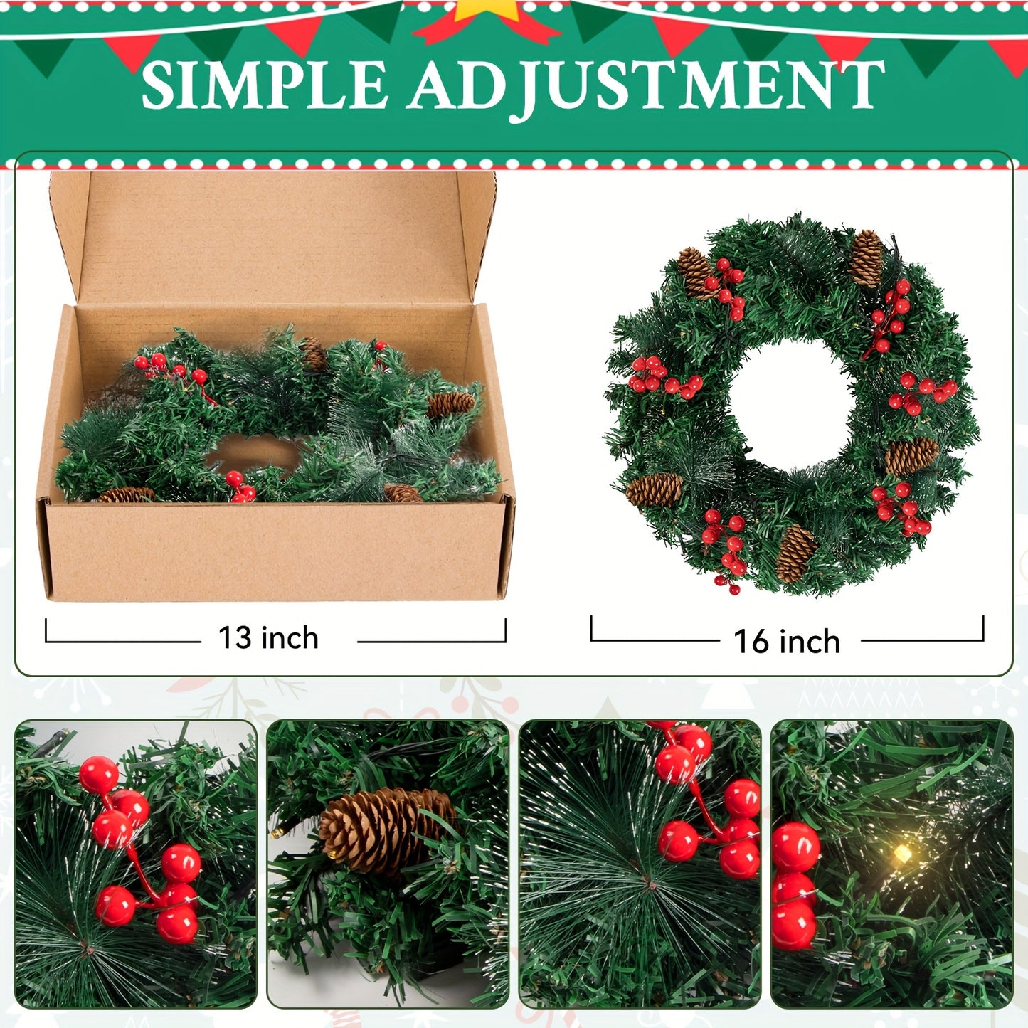 Ninonly 16 Inch Christmas Wreath, Pre-Lit Christmas Garlands 30 LEDs Lights 8 Modes Xmas Door Decoration With Pine Cones, Berry Clusters, Metal Hanger For Mantle Outdoor Indoor Front Door Window