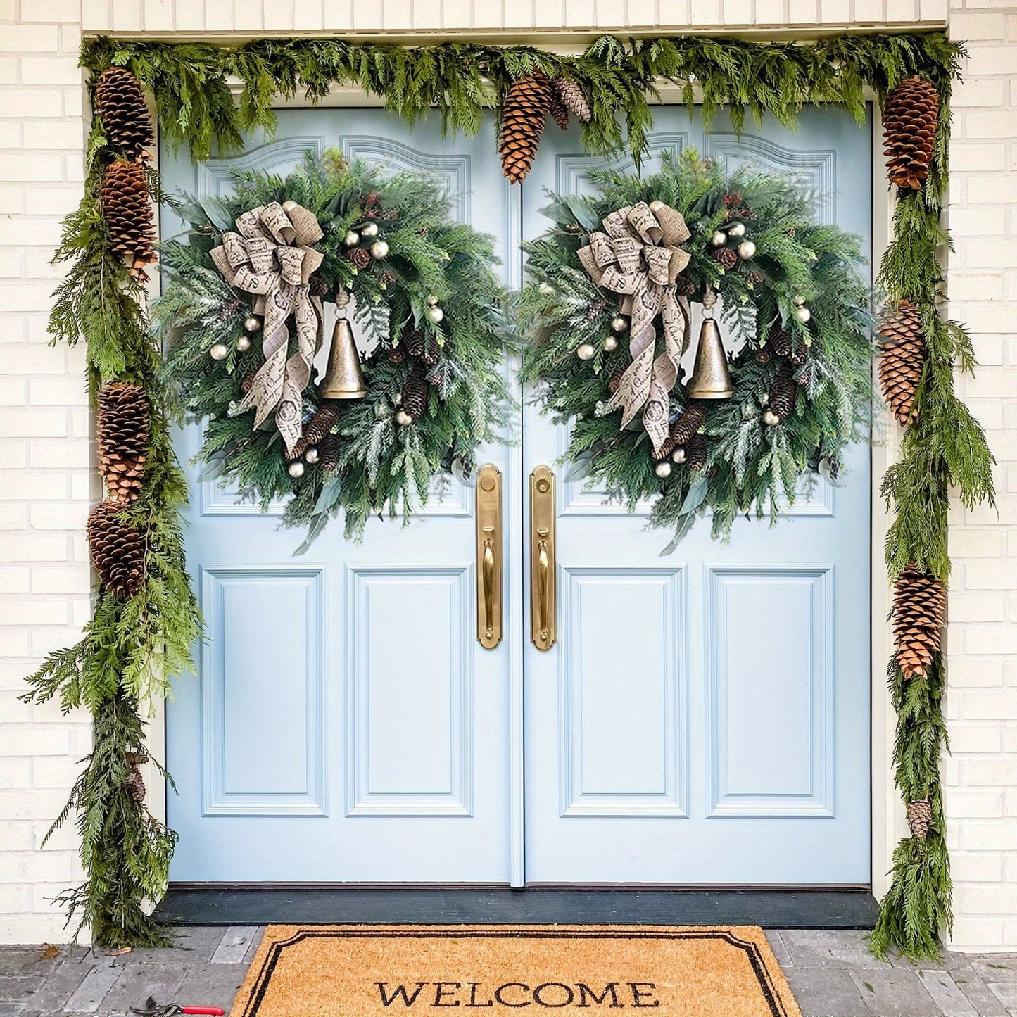 Christmas Wreath Artificial Large Rustic Christmas Wreath with Pine Cones Bow Ribbon Hanging Wall Home Christmas Decorations Garlands for Porch Outdoor Holiday Winter Decor