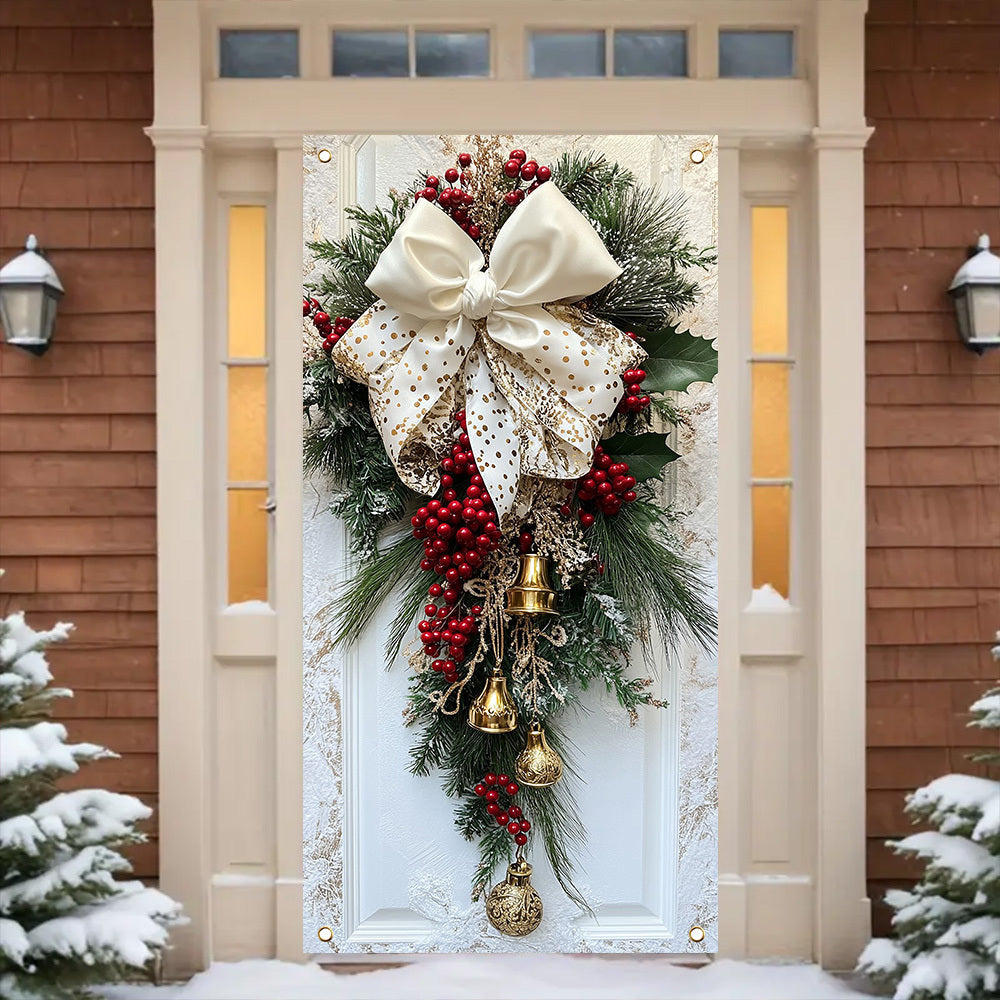 Classic Christmas Door Hanging Decor - Polyester Wreath with Bells, Bow & Flowers - Indoor\u002FOutdoor Holiday Decoration - No Power Needed - 35.4x70.8 Inches