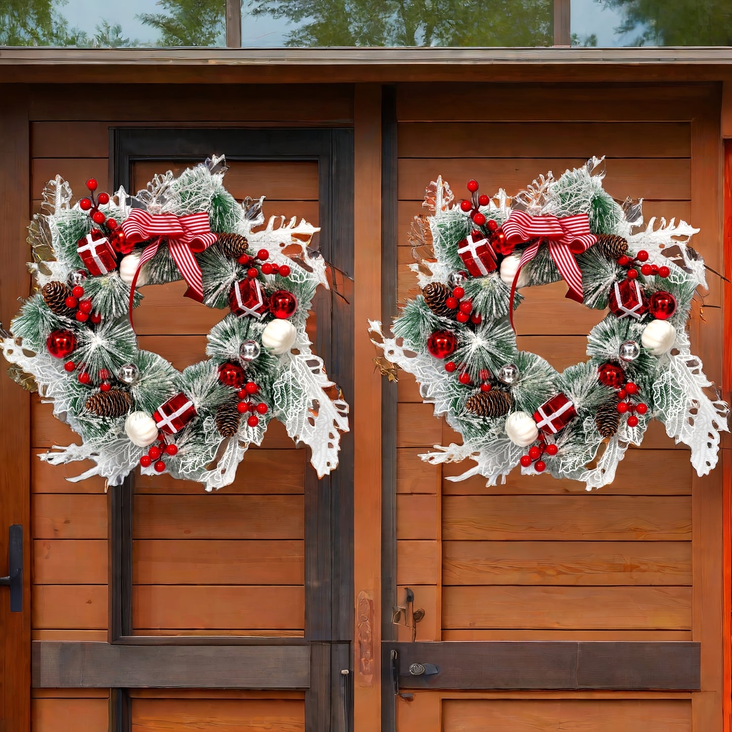 18 Inch Elegant And Beautiful Holiday Wreath, Simulating Plants Such As Snowflakes, Pine Trees, And Berries, Full Of Joyful Atmosphere, Thanksgiving Festival, Christmas Wall, Holiday Parties, Weddings, Birthdays, And Family Party Decorations