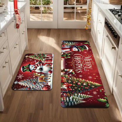 2pcs Merry Christmas Kitchen Rugs, 0.39inch Memory Foam, Red & Green Snowman Tree Deer Design, Non-Slip, Washable, Low Pile, PVC Backed, Polyester, Festive Holiday Home Decor for Kitchen, Dining, Bathroom, Bedroom, Entrance