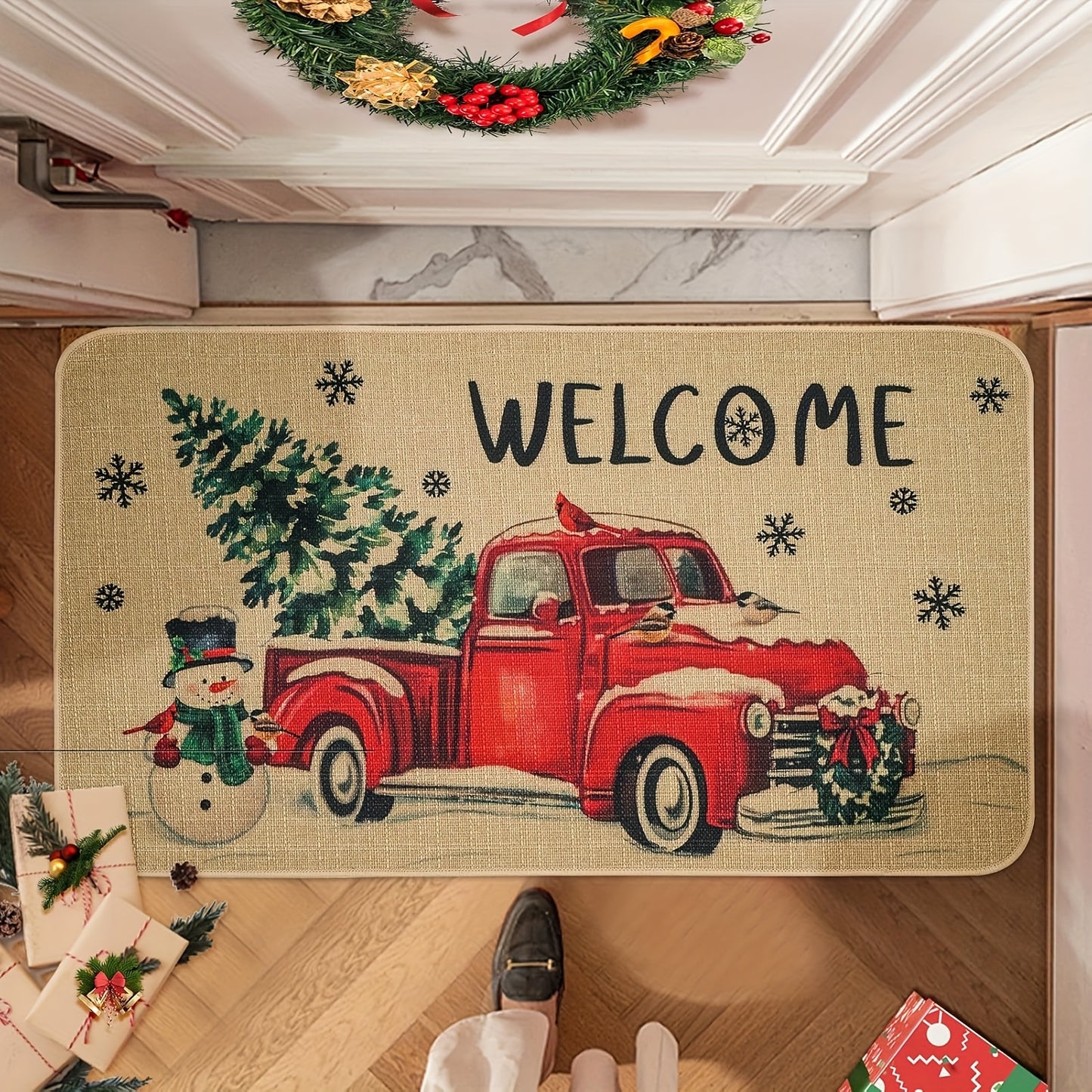 Christmas Truck Door Mat 17 X 29 Inch, Christmas Front Doormat Xmas Welcome Mat Christmas Festival Carpet Non-Slip Indoor\u002FOutdoor Entrance Decoration