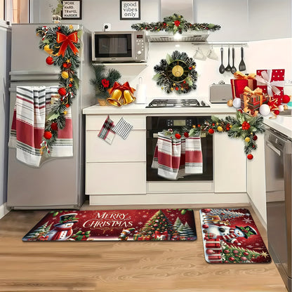 2pcs Merry Christmas Kitchen Rugs, 0.39inch Memory Foam, Red & Green Snowman Tree Deer Design, Non-Slip, Washable, Low Pile, PVC Backed, Polyester, Festive Holiday Home Decor for Kitchen, Dining, Bathroom, Bedroom, Entrance