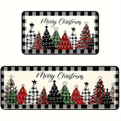 2-Pack Christmas Kitchen Rugs Set - Non-Slip Polyester with Rubber Backing, Farmhouse Style, Machine Washable, Christmas Tree Design, Rectangular Floor Mats for Kitchen Decor (15.75inch x 23.62inch & 15.75inch x 47.24inch)