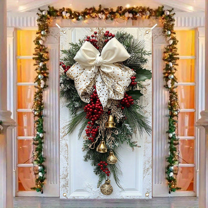 Classic Christmas Door Hanging Decor - Polyester Wreath with Bells, Bow & Flowers - Indoor\u002FOutdoor Holiday Decoration - No Power Needed - 35.4x70.8 Inches