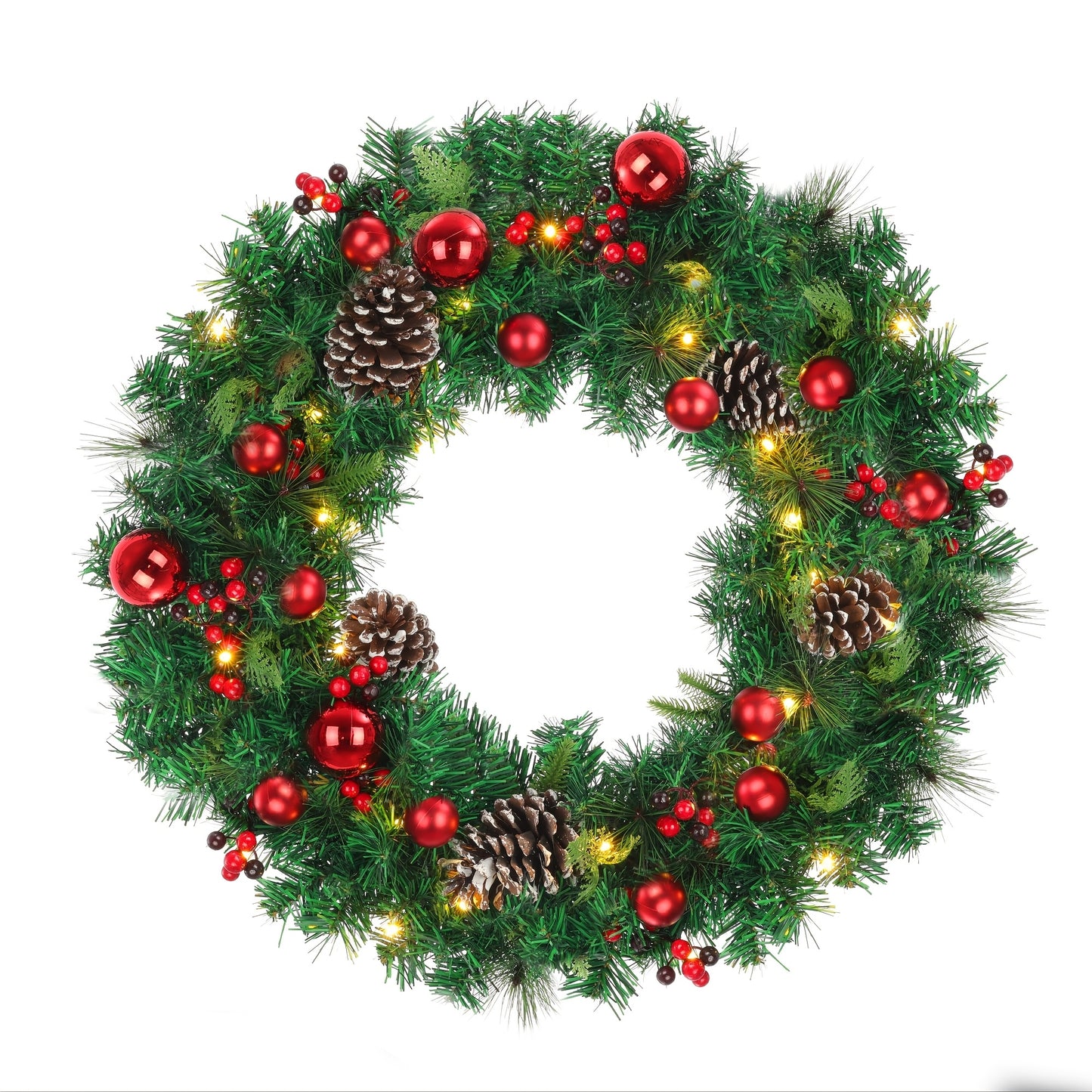 Pre-Lit Artificial Christmas Wreath, White Light 30, 8 Model, Decorated With Pine Cones, Berry Clusters And Frosted Branches, Christmas Collection, 22\