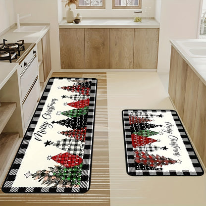 2-Pack Christmas Kitchen Rugs Set - Non-Slip Polyester with Rubber Backing, Farmhouse Style, Machine Washable, Christmas Tree Design, Rectangular Floor Mats for Kitchen Decor (15.75inch x 23.62inch & 15.75inch x 47.24inch)