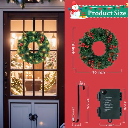 Ninonly 16 Inch Christmas Wreath, Pre-Lit Christmas Garlands 30 LEDs Lights 8 Modes Xmas Door Decoration With Pine Cones, Berry Clusters, Metal Hanger For Mantle Outdoor Indoor Front Door Window