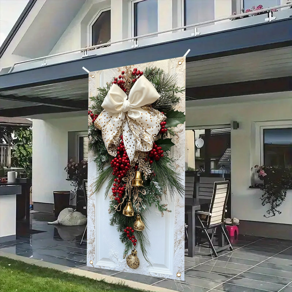 Classic Christmas Door Hanging Decor - Polyester Wreath with Bells, Bow & Flowers - Indoor\u002FOutdoor Holiday Decoration - No Power Needed - 35.4x70.8 Inches