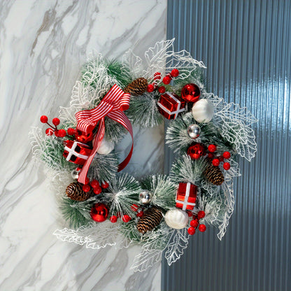 18 Inch Elegant And Beautiful Holiday Wreath, Simulating Plants Such As Snowflakes, Pine Trees, And Berries, Full Of Joyful Atmosphere, Thanksgiving Festival, Christmas Wall, Holiday Parties, Weddings, Birthdays, And Family Party Decorations