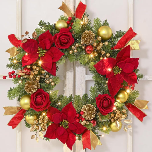 Christmas Wreath, 24in Pre-Lit Christmas Wreaths for Front Door, Timer 8 Modes Lighted Christmas Wreath Christmas Door Wreath with Poinsettia Christmas Decorations for Porch Door Window