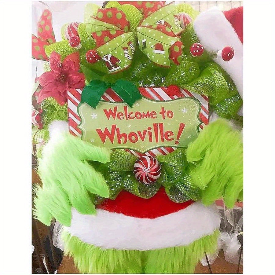 1pc Whoville Handcrafted Christmas Wreath - Door Mount Plastic Green Elf Thief Design with Welcome Sign, Festive Home Decor for Indoor\u002FOutdoor Use, No Electricity or Feathers Required