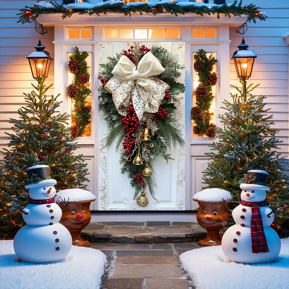 Classic Christmas Door Hanging Decor - Polyester Wreath with Bells, Bow & Flowers - Indoor\u002FOutdoor Holiday Decoration - No Power Needed - 35.4x70.8 Inches