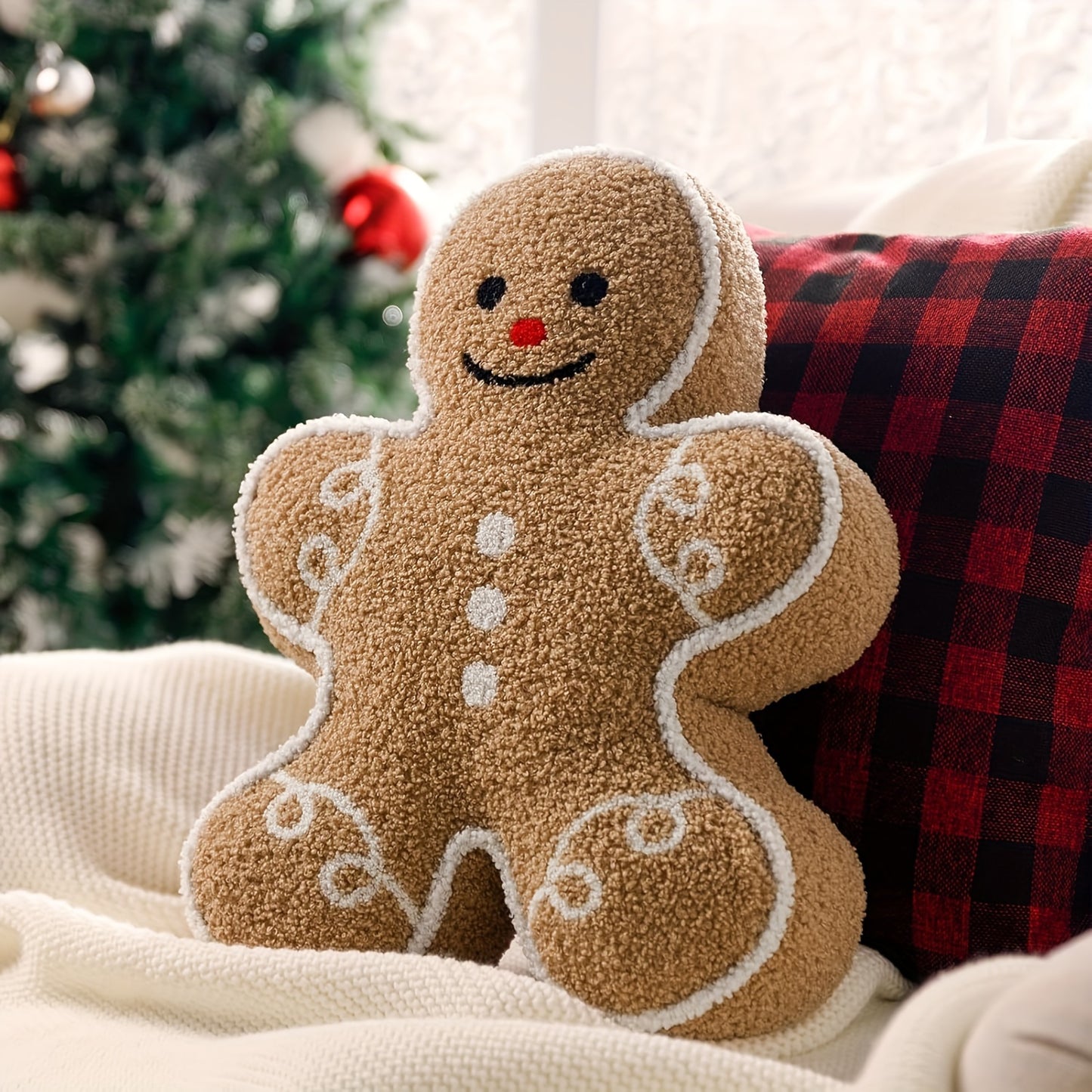 Christmas Gingerbread Man Happy Throw Pillow, Cute Creative Festive Atmosphere Decoration, Christmas Gingerbread Shaped Pillow Christmas Decoration Pillow, Sofa, Living Room Bed, Home Sofa Gingerbread Man Pillow, Christmas Decoration