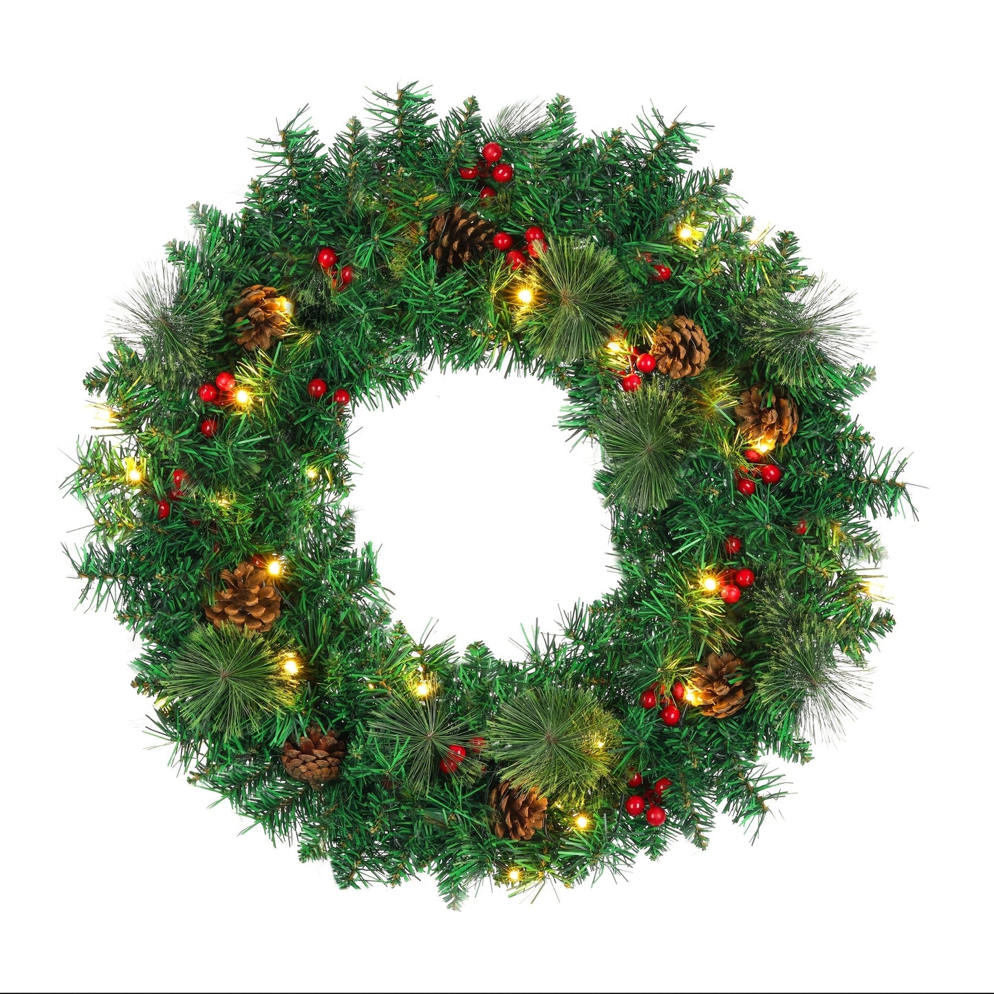 Christmas Wreath, 22 Inch Lighted Wreaths For Christmas Decor With Pinecones Red Berry, 8 Mode Prelit Christmas Wreath For Front Door Outdoor Indoor Garden