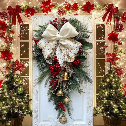 Classic Christmas Door Hanging Decor - Polyester Wreath with Bells, Bow & Flowers - Indoor\u002FOutdoor Holiday Decoration - No Power Needed - 35.4x70.8 Inches