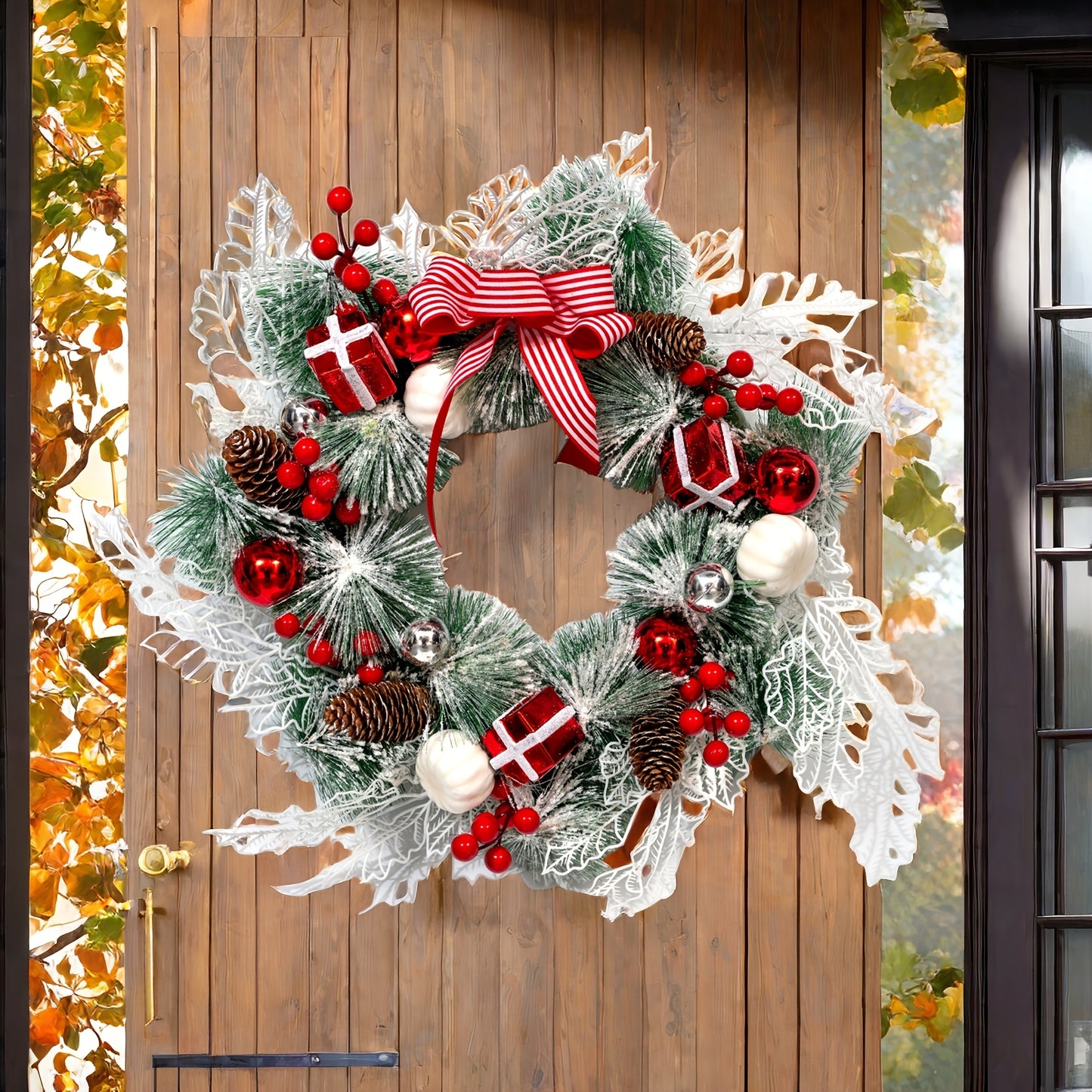 18 Inch Elegant And Beautiful Holiday Wreath, Simulating Plants Such As Snowflakes, Pine Trees, And Berries, Full Of Joyful Atmosphere, Thanksgiving Festival, Christmas Wall, Holiday Parties, Weddings, Birthdays, And Family Party Decorations