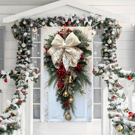 Classic Christmas Door Hanging Decor - Polyester Wreath with Bells, Bow & Flowers - Indoor\u002FOutdoor Holiday Decoration - No Power Needed - 35.4x70.8 Inches