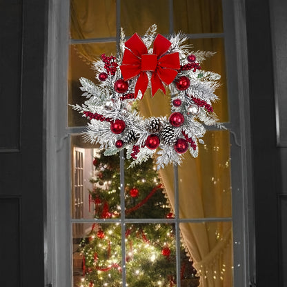 17.7in, Front Door Christmas Wreath Decoration, Handmade Pine Cone Balls With Garland, Red Berry With Bow, Christmas Gift, Reusable, Durable Christmas Wreath For Wall Window, Christmas Decoration, Bedroom