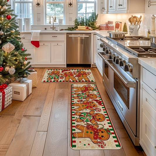 2pcs Gingerbread Candy Cane Christmas Kitchen Mats, Non-Slip Polyester with Rubber Backing, Rectangular Holiday Home Decor, Machine Washable, 15.75inch*23.62inch\u002F15.75inch*47.24inch, Festive Kitchen Carpet for Winter Decor