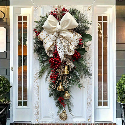 Classic Christmas Door Hanging Decor - Polyester Wreath with Bells, Bow & Flowers - Indoor\u002FOutdoor Holiday Decoration - No Power Needed - 35.4x70.8 Inches