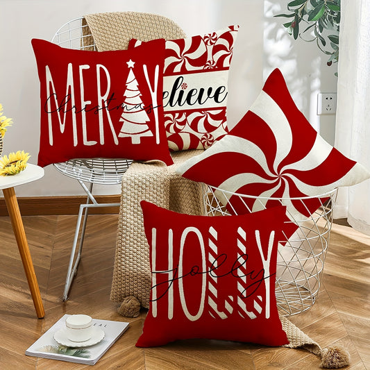 Set of 4 Christmas Throw Pillow Covers with Seasonal Designs - Contemporary Zippered Polyester Cushion Cases for Home Decor, Machine Washable, Woven Floral Pattern, Fits Various Room Types, 18x18 Inches - Holiday Decorative Pillowcases (Inserts Not I