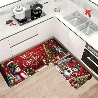 2pcs Merry Christmas Kitchen Rugs, 0.39inch Memory Foam, Red & Green Snowman Tree Deer Design, Non-Slip, Washable, Low Pile, PVC Backed, Polyester, Festive Holiday Home Decor for Kitchen, Dining, Bathroom, Bedroom, Entrance