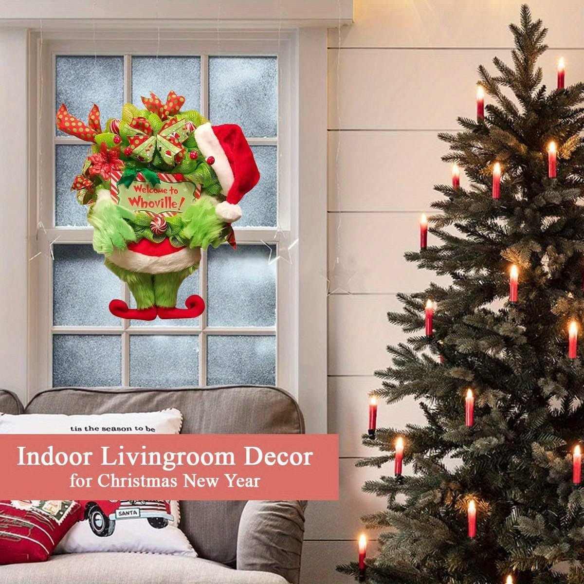 1pc Whoville Handcrafted Christmas Wreath - Door Mount Plastic Green Elf Thief Design with Welcome Sign, Festive Home Decor for Indoor\u002FOutdoor Use, No Electricity or Feathers Required