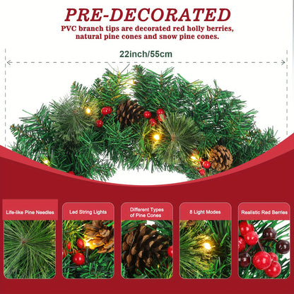 Christmas Wreath, 22 Inch Lighted Wreaths For Christmas Decor With Pinecones Red Berry, 8 Mode Prelit Christmas Wreath For Front Door Outdoor Indoor Garden