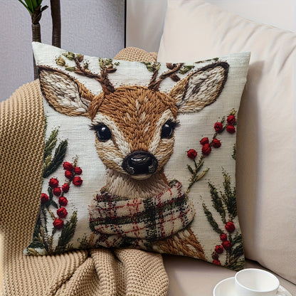 Contemporary Reindeer Embroidery Throw Pillow Cover, 18x18 Inch, Soft Short Plush Polyester, Machine Washable with Zipper - For Living Room, Bedroom, Holiday Decor - Perfect Christmas & New Year Gift