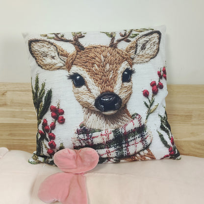 Contemporary Reindeer Embroidery Throw Pillow Cover, 18x18 Inch, Soft Short Plush Polyester, Machine Washable with Zipper - For Living Room, Bedroom, Holiday Decor - Perfect Christmas & New Year Gift