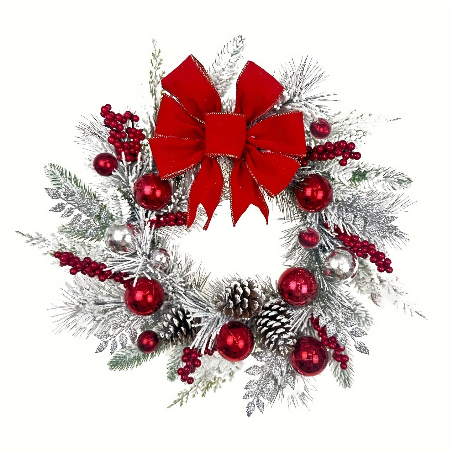 17.7in, Front Door Christmas Wreath Decoration, Handmade Pine Cone Balls With Garland, Red Berry With Bow, Christmas Gift, Reusable, Durable Christmas Wreath For Wall Window, Christmas Decoration, Bedroom