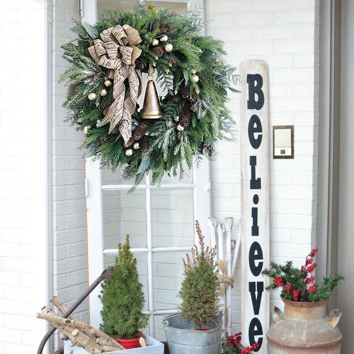 Christmas Wreath Artificial Large Rustic Christmas Wreath with Pine Cones Bow Ribbon Hanging Wall Home Christmas Decorations Garlands for Porch Outdoor Holiday Winter Decor