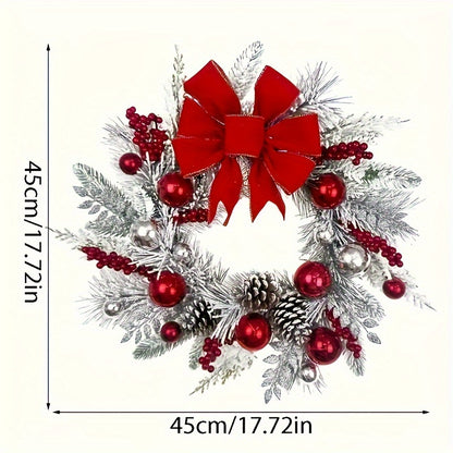 17.7in, Front Door Christmas Wreath Decoration, Handmade Pine Cone Balls With Garland, Red Berry With Bow, Christmas Gift, Reusable, Durable Christmas Wreath For Wall Window, Christmas Decoration, Bedroom