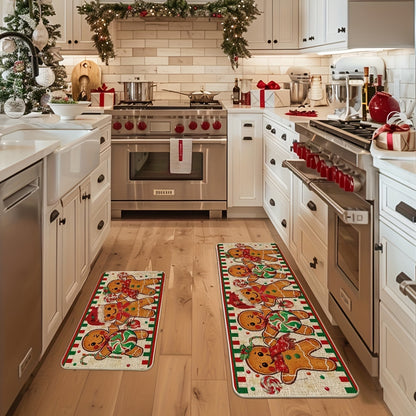 2pcs Gingerbread Candy Cane Christmas Kitchen Mats, Non-Slip Polyester with Rubber Backing, Rectangular Holiday Home Decor, Machine Washable, 15.75inch*23.62inch\u002F15.75inch*47.24inch, Festive Kitchen Carpet for Winter Decor