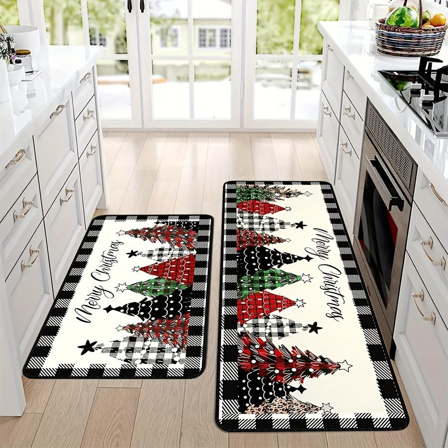 2-Pack Christmas Kitchen Rugs Set - Non-Slip Polyester with Rubber Backing, Farmhouse Style, Machine Washable, Christmas Tree Design, Rectangular Floor Mats for Kitchen Decor (15.75inch x 23.62inch & 15.75inch x 47.24inch)