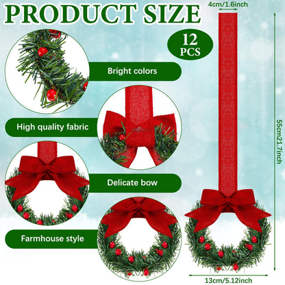 12pcs 21.7*5.12inches Christmas Wreath with Simulation Pine And Bowknot Silk Ribbon Christmas Garland for Stair Fireplace Decoration Christmas Home Wreath